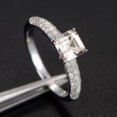 Asscher Morganite Ring Tripe Row Accents 14K White Gold - Lord of Gem Rings