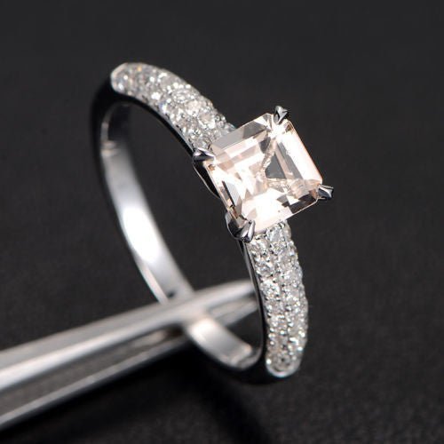 Asscher Morganite Ring Tripe Row Accents 14K White Gold