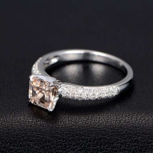 Asscher Morganite Ring Tripe Row Accents 14K White Gold - Lord of Gem Rings