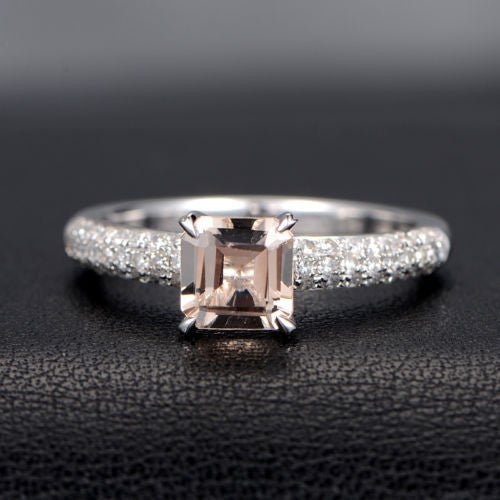 Asscher Morganite Ring Tripe Row Accents 14K White Gold - Lord of Gem Rings