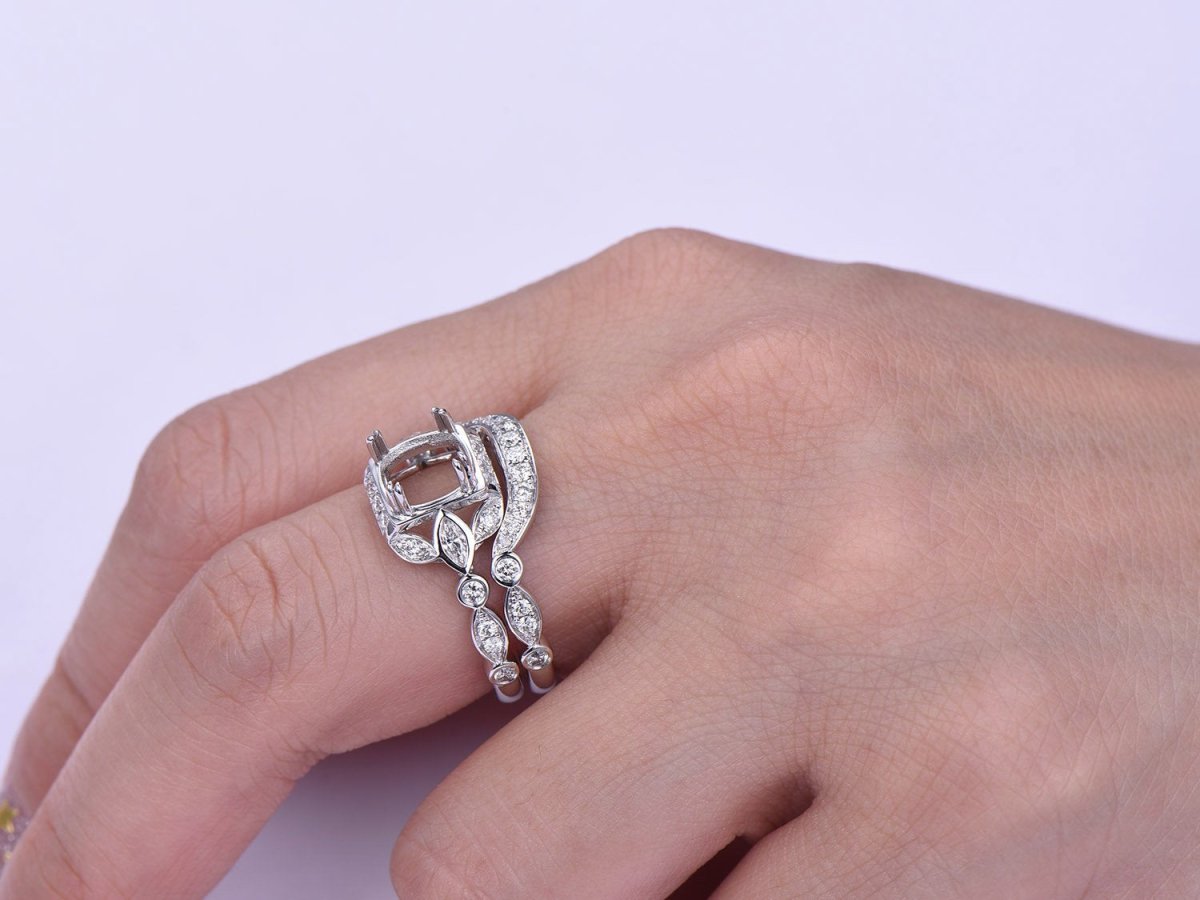 Audrey - Diamond Floral Semi Mount Ring Bridal Set in 14K White Gold - Lord of Gem Rings