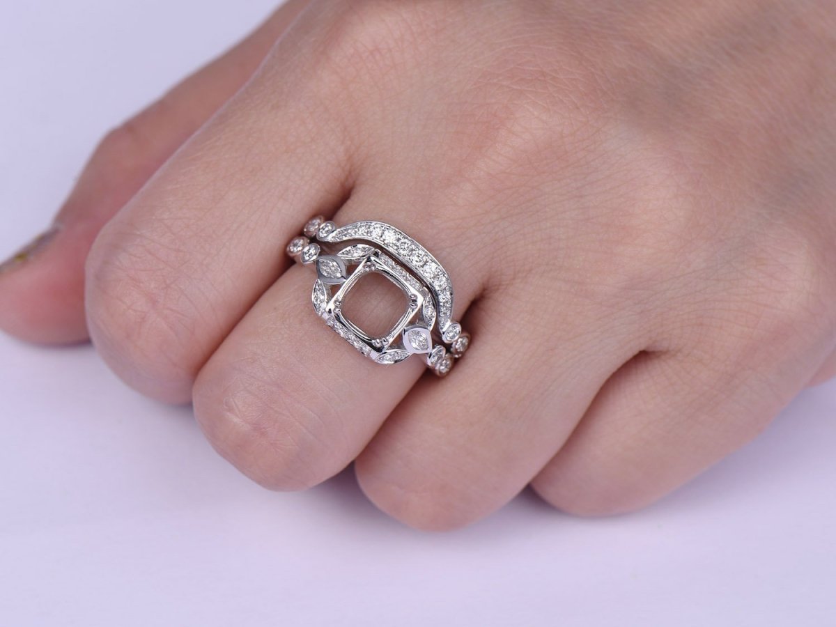 Audrey - Diamond Floral Semi Mount Ring Bridal Set in 14K White Gold - Lord of Gem Rings