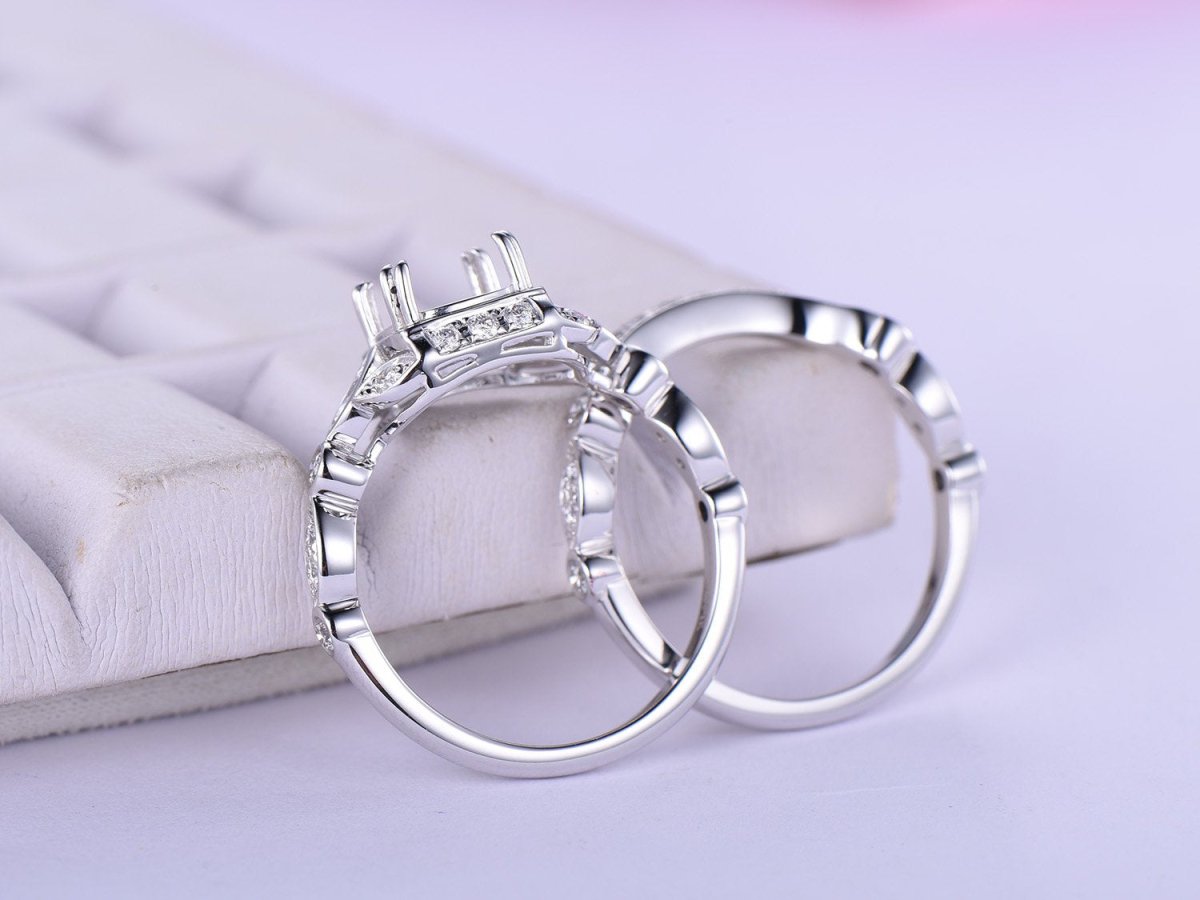 Audrey - Diamond Floral Semi Mount Ring Bridal Set in 14K White Gold - Lord of Gem Rings