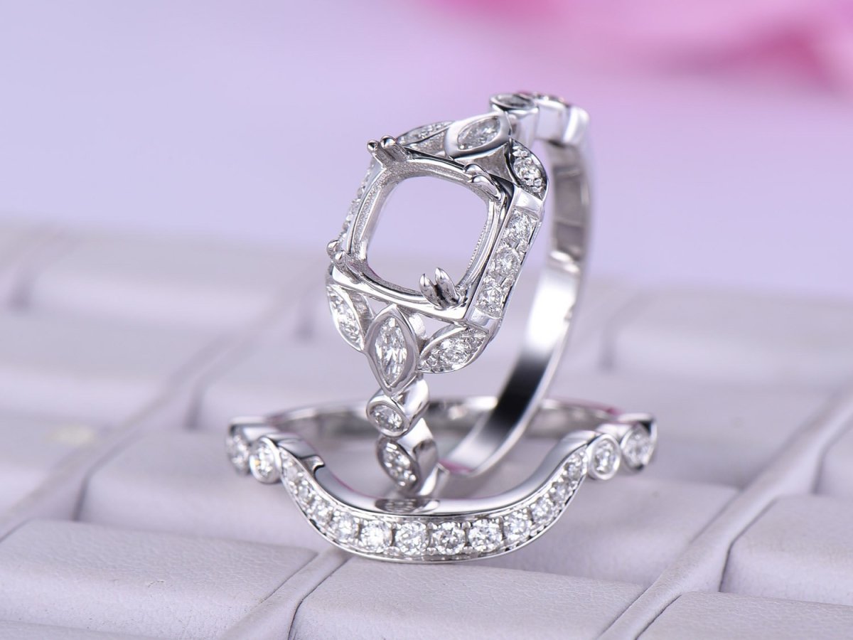 Audrey - Diamond Floral Semi Mount Ring Bridal Set in 14K White Gold - Lord of Gem Rings