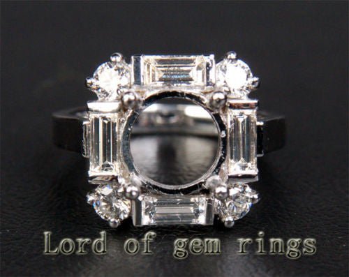 Baguette and Diamond Halo 14K White Gold Semi Mount Ring Round 8mm - Lord of Gem Rings