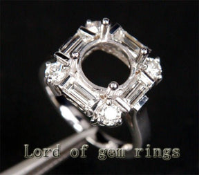 Baguette and Diamond Halo 14K White Gold Semi Mount Ring Round 8mm - Lord of Gem Rings