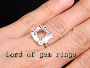 Baguette and Diamond Halo 14K White Gold Semi Mount Ring Round 8mm - Lord of Gem Rings