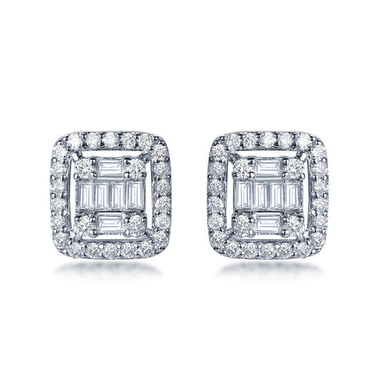 Baguette and Round Diamond Stud Earrings 14K White Gold