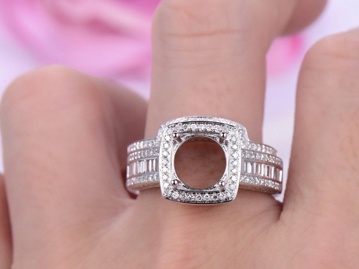 Baguette Diamond Cushion Halo Round Semi Mount Bridal Set with Contour Band - Lord of Gem Rings