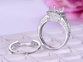 Baguette Diamond Cushion Halo Round Semi Mount Bridal Set with Contour Band - Lord of Gem Rings