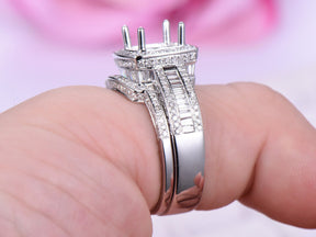 Baguette Diamond Cushion Halo Round Semi Mount Bridal Set with Contour Band - Lord of Gem Rings