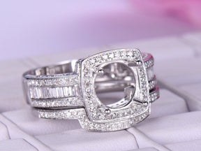 Baguette Diamond Cushion Halo Round Semi Mount Bridal Set with Contour Band - Lord of Gem Rings