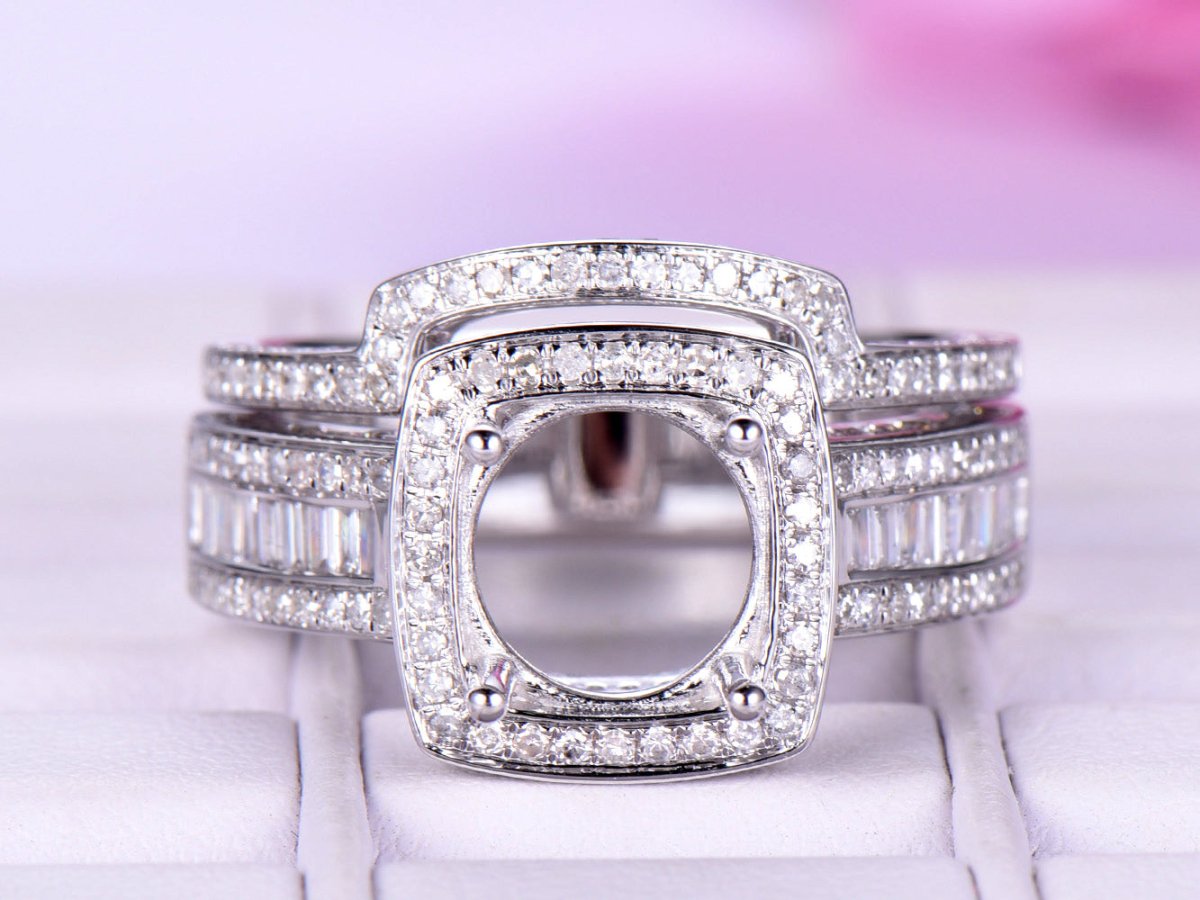 Baguette Diamond Cushion Halo Round Semi Mount Bridal Set with Contour Band - Lord of Gem Rings