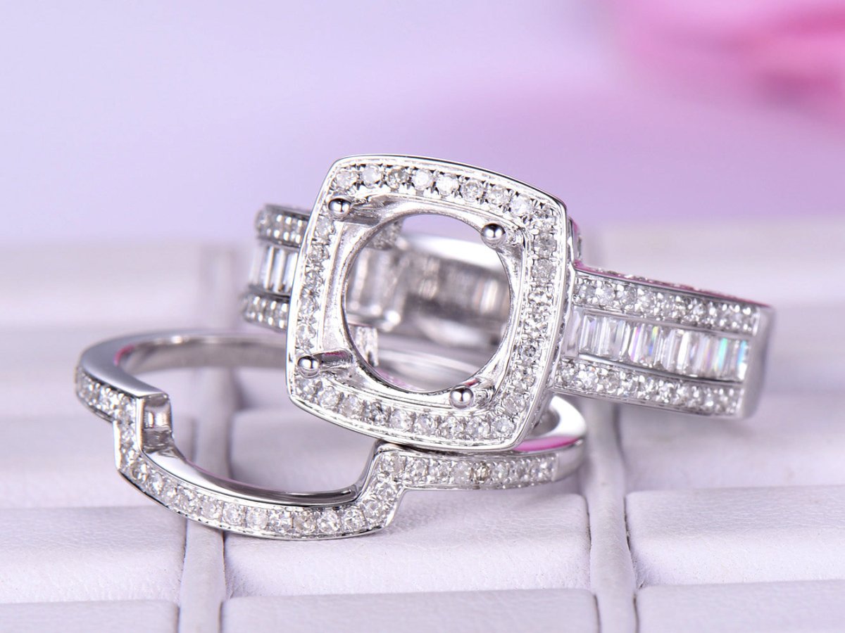 Baguette Diamond Cushion Halo Round Semi Mount Bridal Set with Contour Band - Lord of Gem Rings