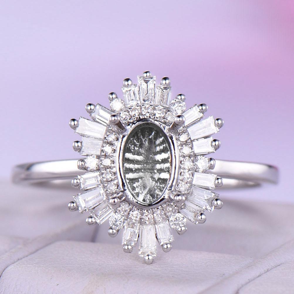 Baguette Diamond Double Halo Oval Semi Mount Ring - Lord of Gem Rings