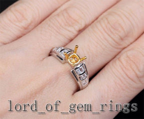 Baguette Diamond Engagement Semi Mount Ring 14K Two Tone Gold Setting Round 6mm - Lord of Gem Rings