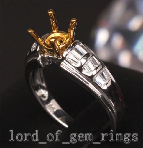 Baguette Diamond Engagement Semi Mount Ring 14K Two Tone Gold Setting Round 6mm - Lord of Gem Rings