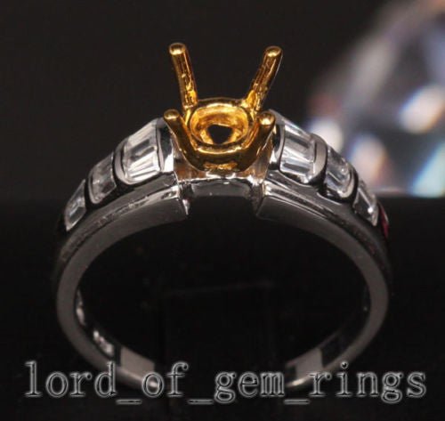Baguette Diamond Engagement Semi Mount Ring 14K Two Tone Gold Setting Round 6mm - Lord of Gem Rings