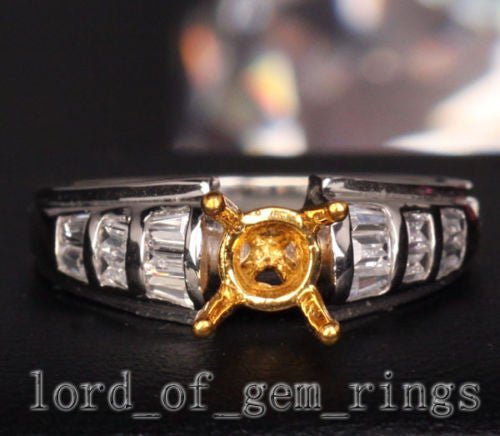 Baguette Diamond Engagement Semi Mount Ring 14K Two Tone Gold Setting Round 6mm - Lord of Gem Rings
