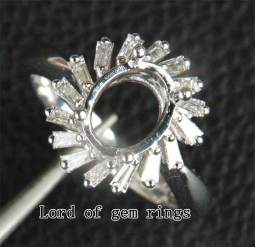 Baguette Diamond Engagement Semi Mount Ring 14K White Gold Setting Oval 7x9mm - Lord of Gem Rings