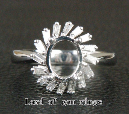 Baguette Diamond Engagement Semi Mount Ring 14K White Gold Setting Oval 7x9mm