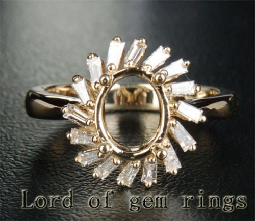Baguette Diamond Engagement Semi Mount Ring 14K Yellow Gold Oval 7x9mm