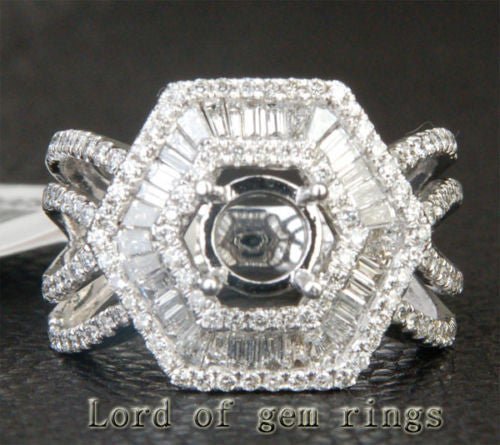 Baguette Diamond Hexagon Halo Semi Mount Ring Split Shank 14K White Gold Round 6.3-6.7mm