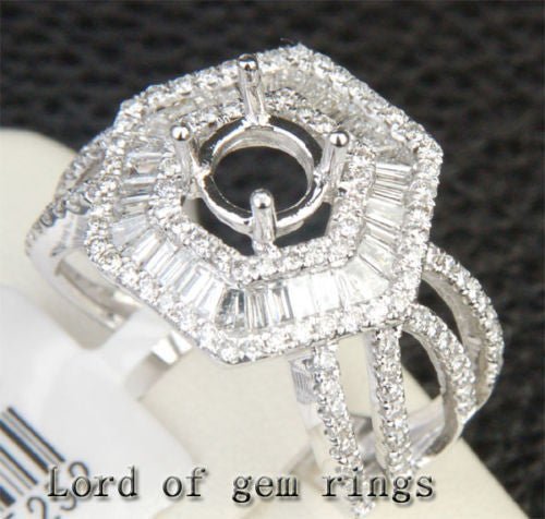 Baguette Diamond Hexagon Halo Semi Mount Ring Split Shank 14K White Gold Round 6.3-6.7mm - Lord of Gem Rings