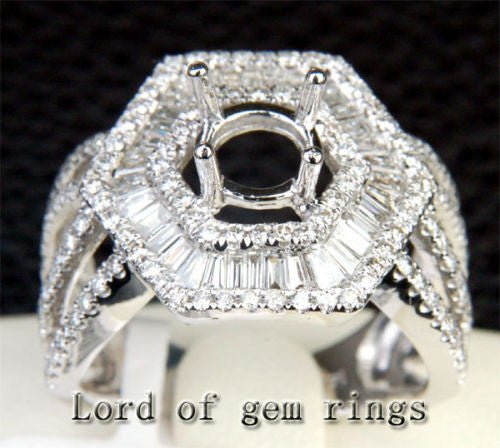 Baguette Diamond Hexagon Halo Semi Mount Ring Split Shank 14K White Gold Round 6.3-6.7mm - Lord of Gem Rings