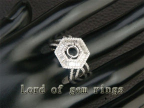 Baguette Diamond Hexagon Halo Semi Mount Ring Split Shank 14K White Gold Round 6.3-6.7mm - Lord of Gem Rings