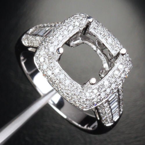 Baguette Diamond  Shank Semi Mount Ring 14K White Gold Cushion 9mm