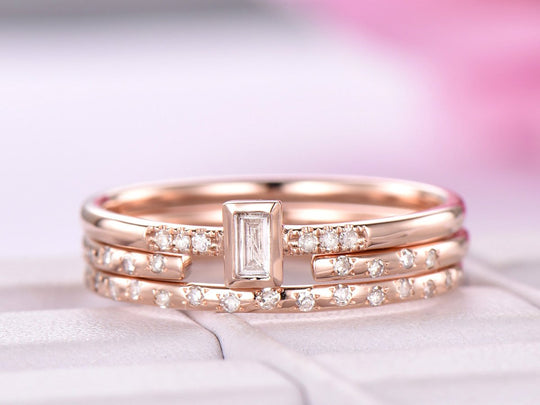 Baguette Diamond Wedding Ring Trio Bridal Sets 14K Rose Gold