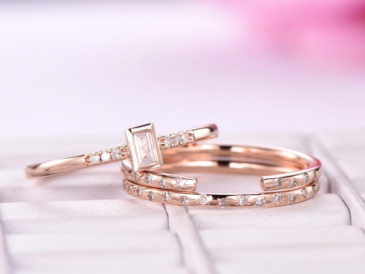 Baguette Diamond Wedding Ring Trio Bridal Sets 14K Rose Gold - Lord of Gem Rings