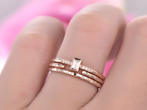 Baguette Diamond Wedding Ring Trio Bridal Sets 14K Rose Gold - Lord of Gem Rings