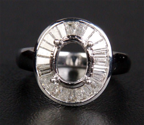 Baguette VS Diamond Engagement Semi Mount Ring 14K White Gold Oval 7x9mm