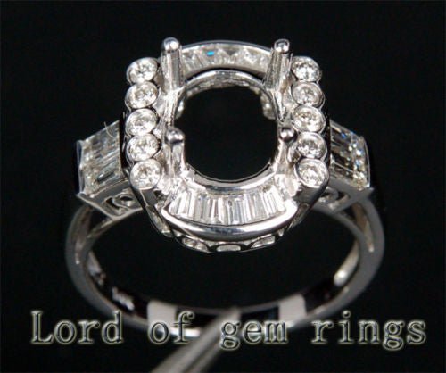 Baguette/Round Diamond Engagement Semi Mount ring 14k White Gold Oval 8x10mm