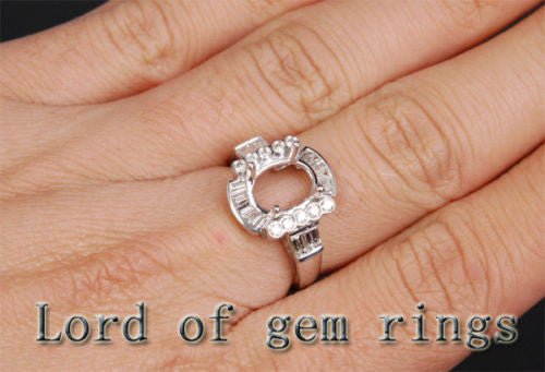 Baguette/Round Diamond Engagement Semi Mount ring 14k White Gold Oval 8x10mm - Lord of Gem Rings