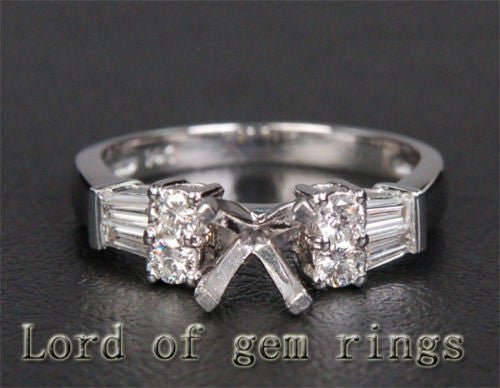 Baguette/Round Diamond Engagement Semi Mount Ring 14K White Gold Round 6.5mm
