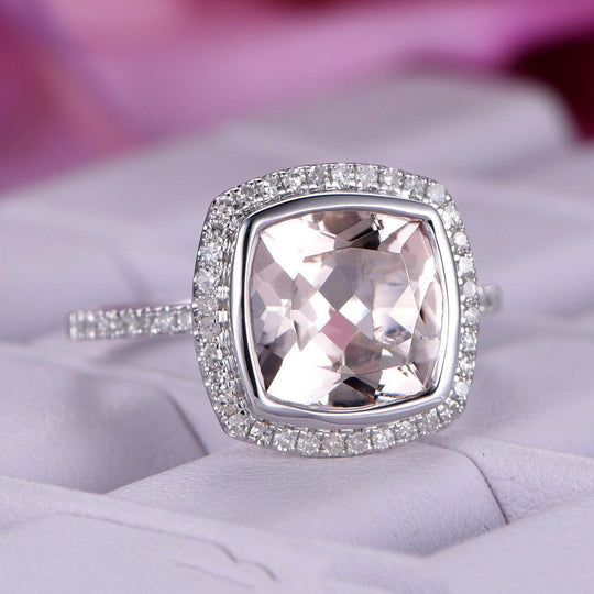 Bezel 3ct Cushion Morganite Diamond Halo 14K White Gold 9mm