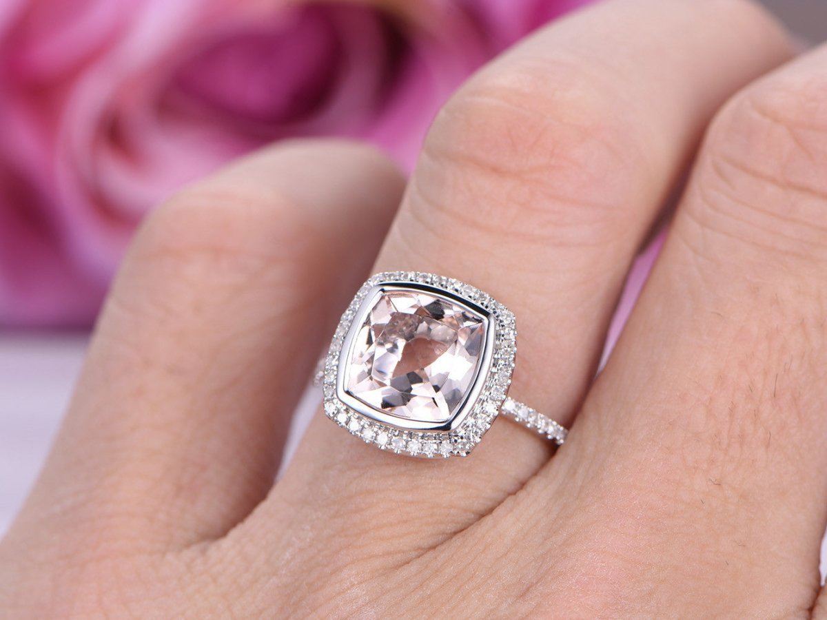 Bezel 3ct Cushion Morganite Diamond Halo 14K White Gold 9mm - Lord of Gem Rings