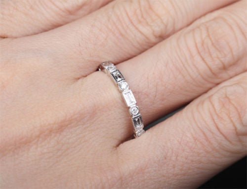 Bezel-Set Baguette Diamond Eternity Wedding Band Milgrain 14K White Gold - Lord of Gem Rings