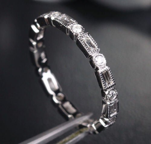 Bezel-Set Baguette Diamond Eternity Wedding Band Milgrain 14K White Gold - Lord of Gem Rings