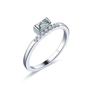 Bezel Set Baguette Natural Moss Agate Diamond Engagement Ring 14K White Gold - Lord of Gem Rings