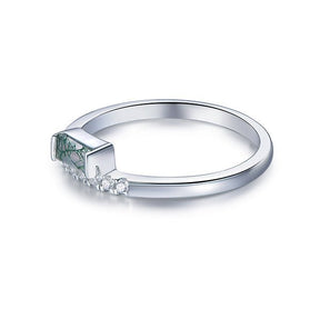 Bezel Set Baguette Natural Moss Agate Diamond Engagement Ring 14K White Gold - Lord of Gem Rings