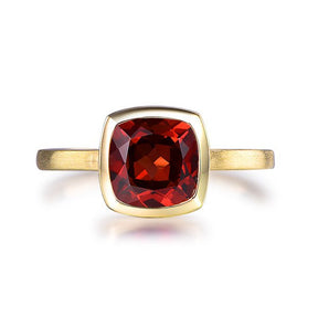 Bezel-Set Cushion Garnet Solitaire Ring 14K Gold - Lord of Gem Rings