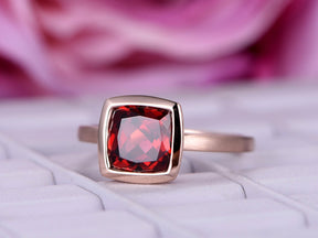 Bezel-Set Cushion Garnet Solitaire Ring 14K Gold - Lord of Gem Rings