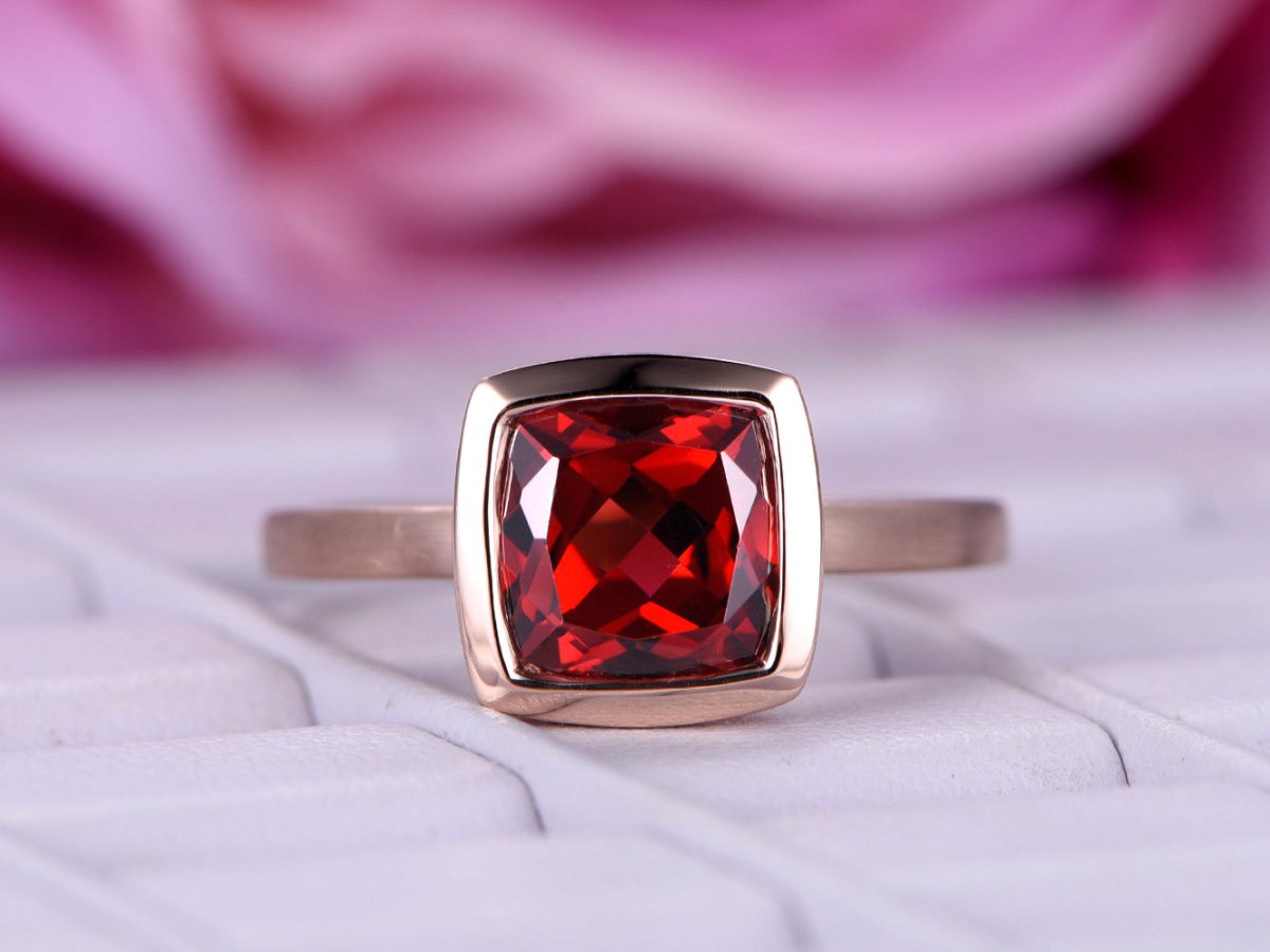 Bezel-Set Cushion Garnet Solitaire Ring 14K Gold - Lord of Gem Rings