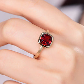 Bezel-Set Cushion Garnet Solitaire Ring 14K Gold - Lord of Gem Rings