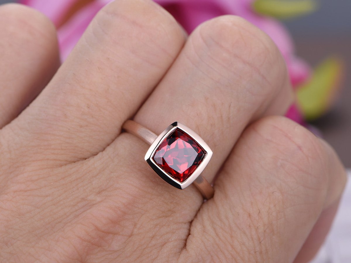 Bezel-Set Cushion Garnet Solitaire Ring 14K Gold - Lord of Gem Rings