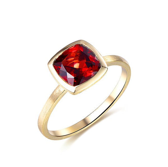 Bezel-Set Cushion Garnet Solitaire Ring 14K Gold